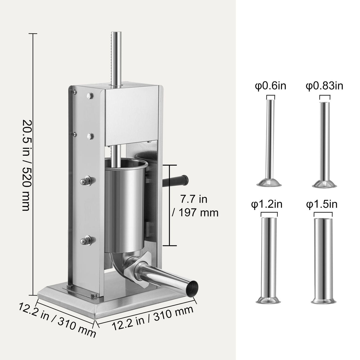 Manual Sausage Stuffer, 5LBS/3L Capacity, Two Speed 304 Stainless Steel Vertical Sausage Stuffer, Sausage Filling Machine with 4 Stuffing Tubes, Suction Base for Household or Commercial Use
