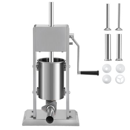 Manual Sausage Stuffer, 5LBS/3L Capacity, Two Speed 304 Stainless Steel Vertical Sausage Stuffer, Sausage Filling Machine with 4 Stuffing Tubes, Suction Base for Household or Commercial Use