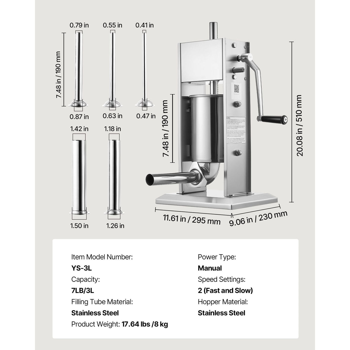 Manual Sausage Stuffer, 7 LBS / 3 L Vertical Meat Stuffer, Heavy Duty Sausage Casing Meat Stuffing Machine, Dual-Speed Stainless Steel Filler with 5 Filling Tubes, for Commercial and Home Use