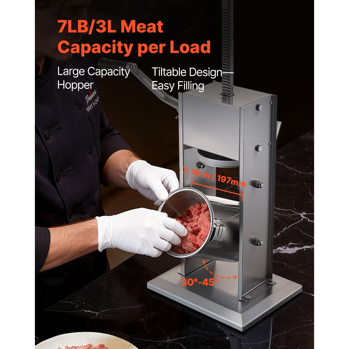 Manual Sausage Stuffer, 7 LBS / 3 L Vertical Meat Stuffer, Heavy Duty Sausage Casing Meat Stuffing Machine, Dual-Speed Stainless Steel Filler with 5 Filling Tubes, for Commercial and Home Use