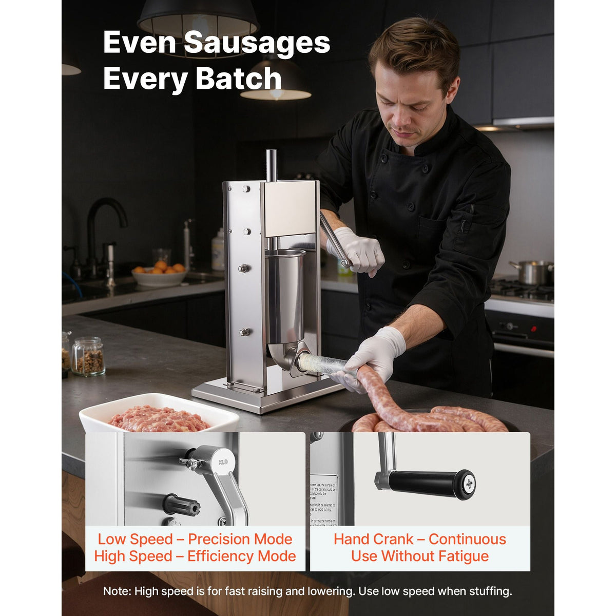 Manual Sausage Stuffer, 7 LBS / 3 L Vertical Meat Stuffer, Heavy Duty Sausage Casing Meat Stuffing Machine, Dual-Speed Stainless Steel Filler with 5 Filling Tubes, for Commercial and Home Use