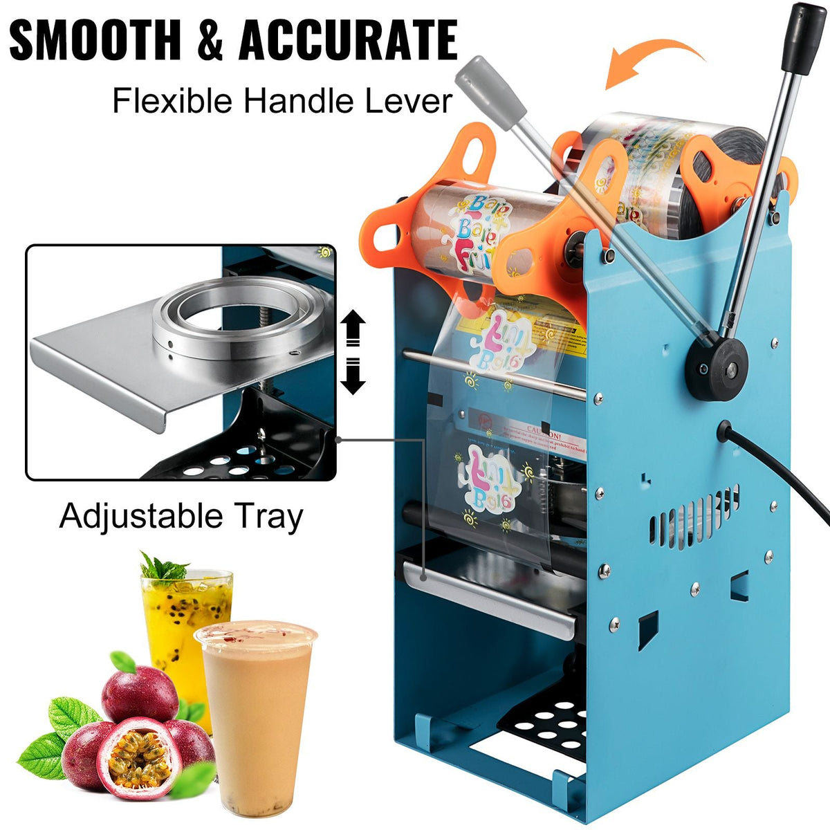 Manual Tea Cup Sealer Machine, 300-500 Cup/h Manual Boba Tea Sealer Machine, Blue Boba Tea Sealing Machine, 90/95mm Cup Diameter Cup Sealing Machine with Heating Technology for Bubble Milk Tea