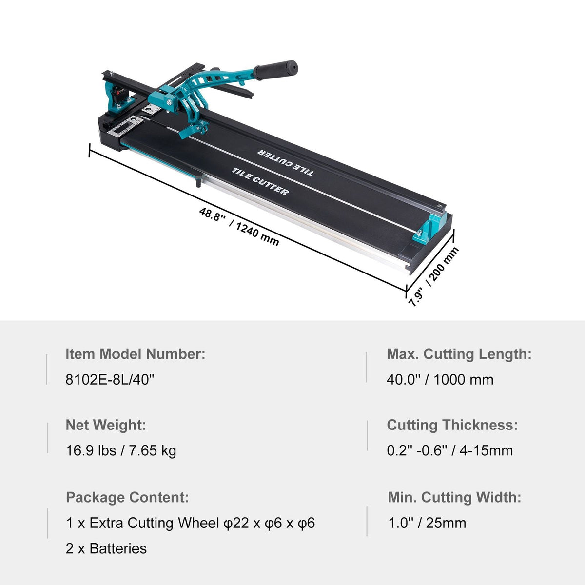 Manual Tile Cutter, 40 inch, Porcelain Ceramic Tile Cutter with Tungsten Carbide Cutting Wheel, Infrared Positioning, Anti-Skid Feet, Durable Rails for professional installers or beginners
