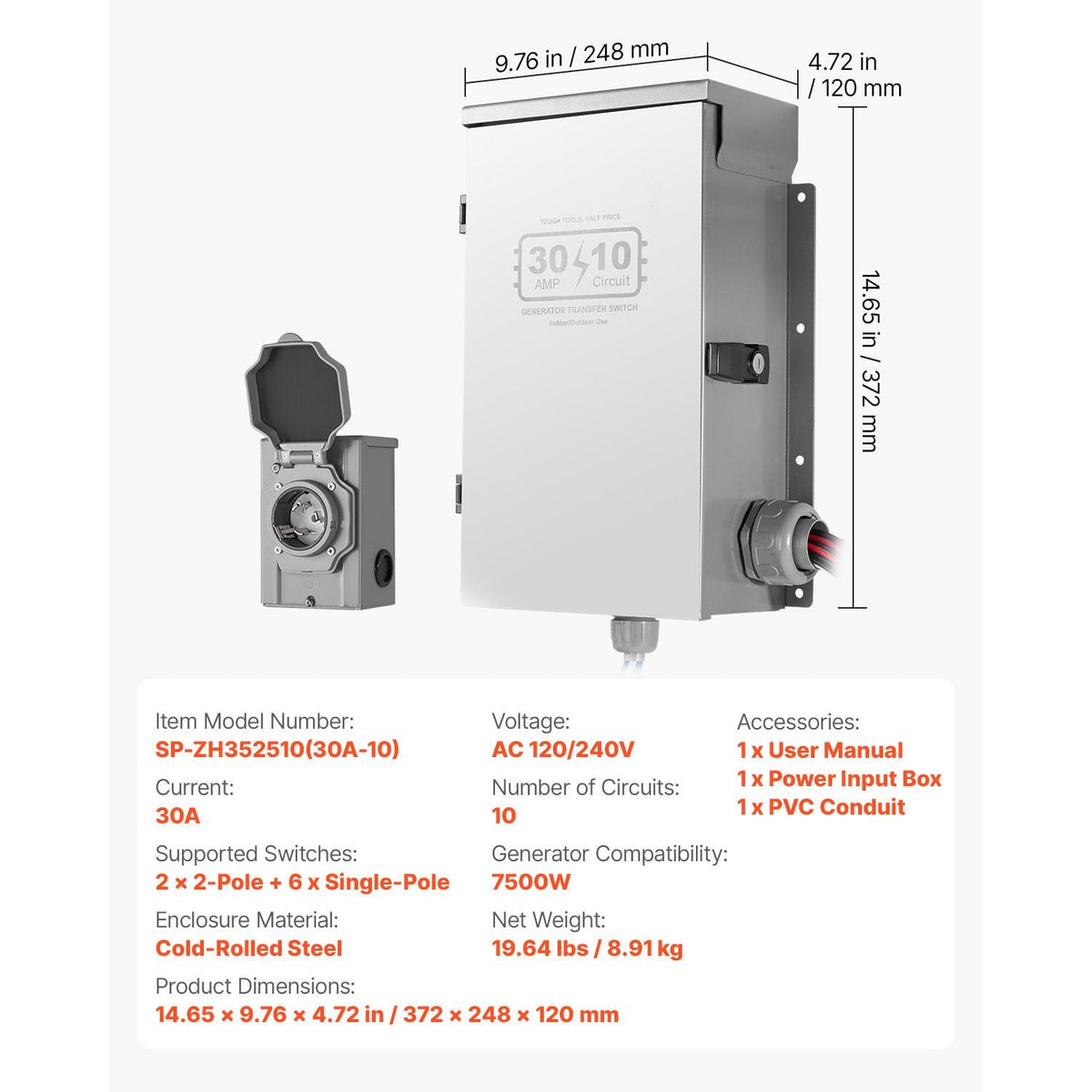 Manual Transfer Switch, 30-Amp 10-Circuit, Prewired Generator Transfer Switch Kit with NEMA L14-30P Power Inlet Box, Double-Throw Switch, NEMA 3R, Mechanical Watt Meter, for 7500W Generators