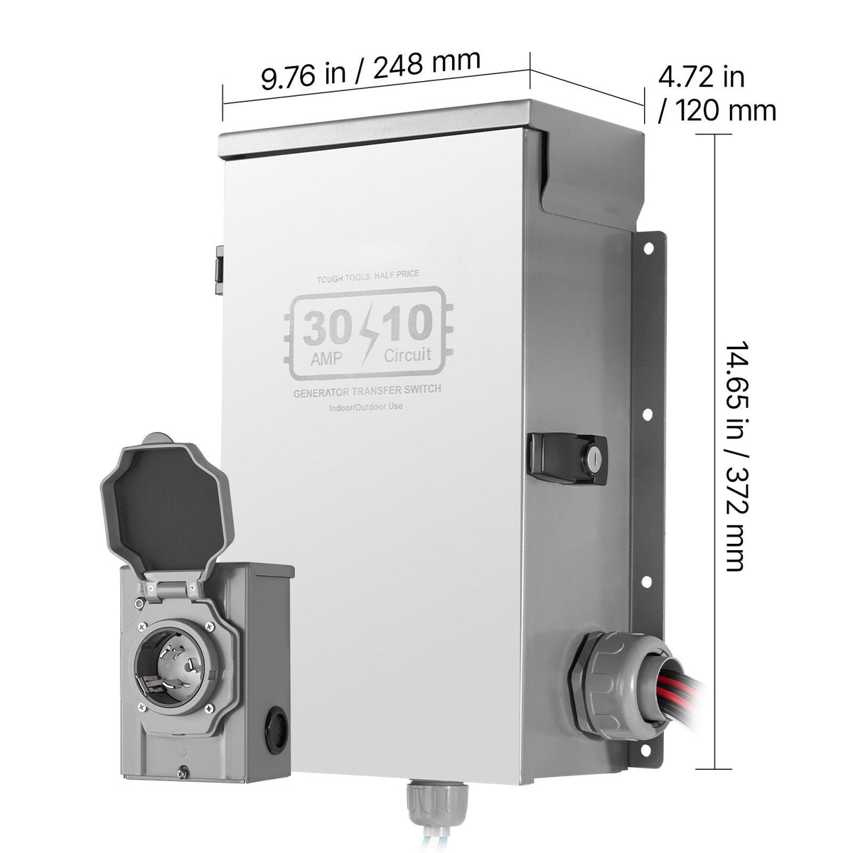 Manual Transfer Switch, 30-Amp 10-Circuit, Prewired Generator Transfer Switch Kit with NEMA L14-30P Power Inlet Box, Double-Throw Switch, NEMA 3R, Mechanical Watt Meter, for 7500W Generators