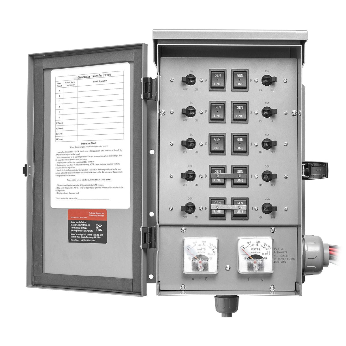 Manual Transfer Switch, 30-Amp 10-Circuit, Prewired Generator Transfer Switch Kit with NEMA L14-30P Power Inlet Box, Double-Throw Switch, NEMA 3R, Mechanical Watt Meter, for 7500W Generators