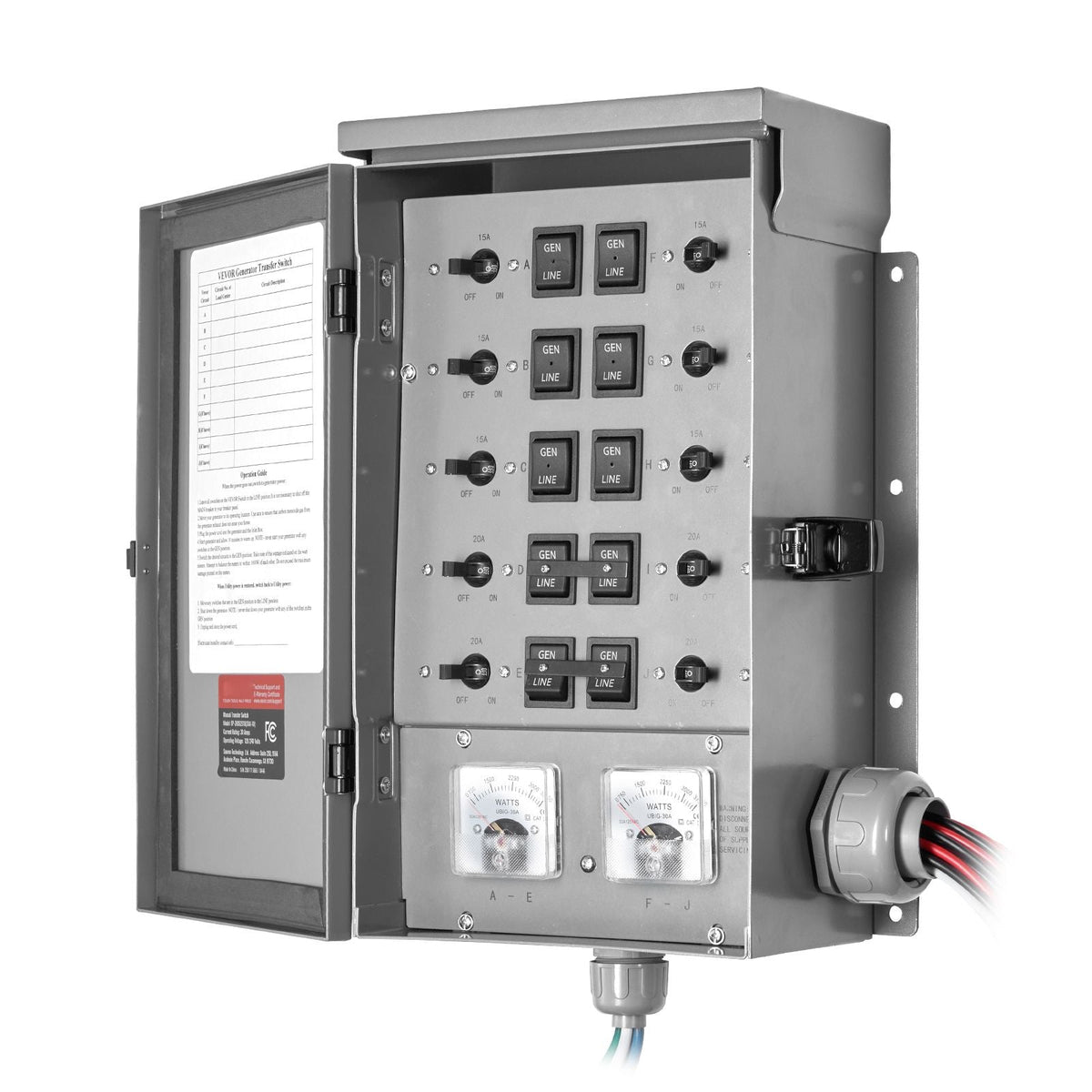 Manual Transfer Switch, 30-Amp 10-Circuit, Prewired Generator Transfer Switch Kit with NEMA L14-30P Power Inlet Box, Double-Throw Switch, NEMA 3R, Mechanical Watt Meter, for 7500W Generators