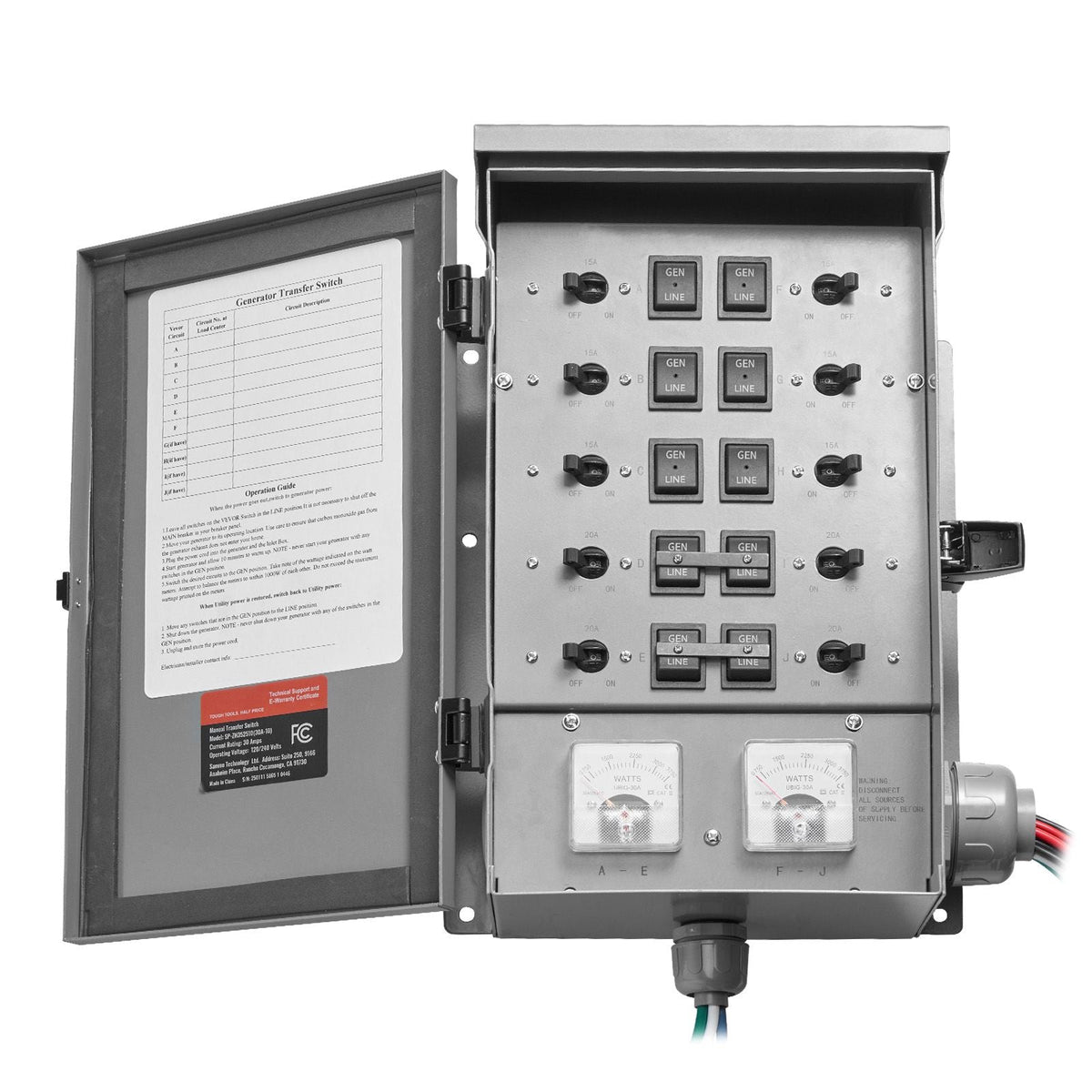 Manual Transfer Switch, 30-Amp 10-Circuit, Prewired Generator Transfer Switch Kit with NEMA L14-30P Power Inlet Box, Double-Throw Switch, NEMA 3R, Mechanical Watt Meter, for 7500W Generators
