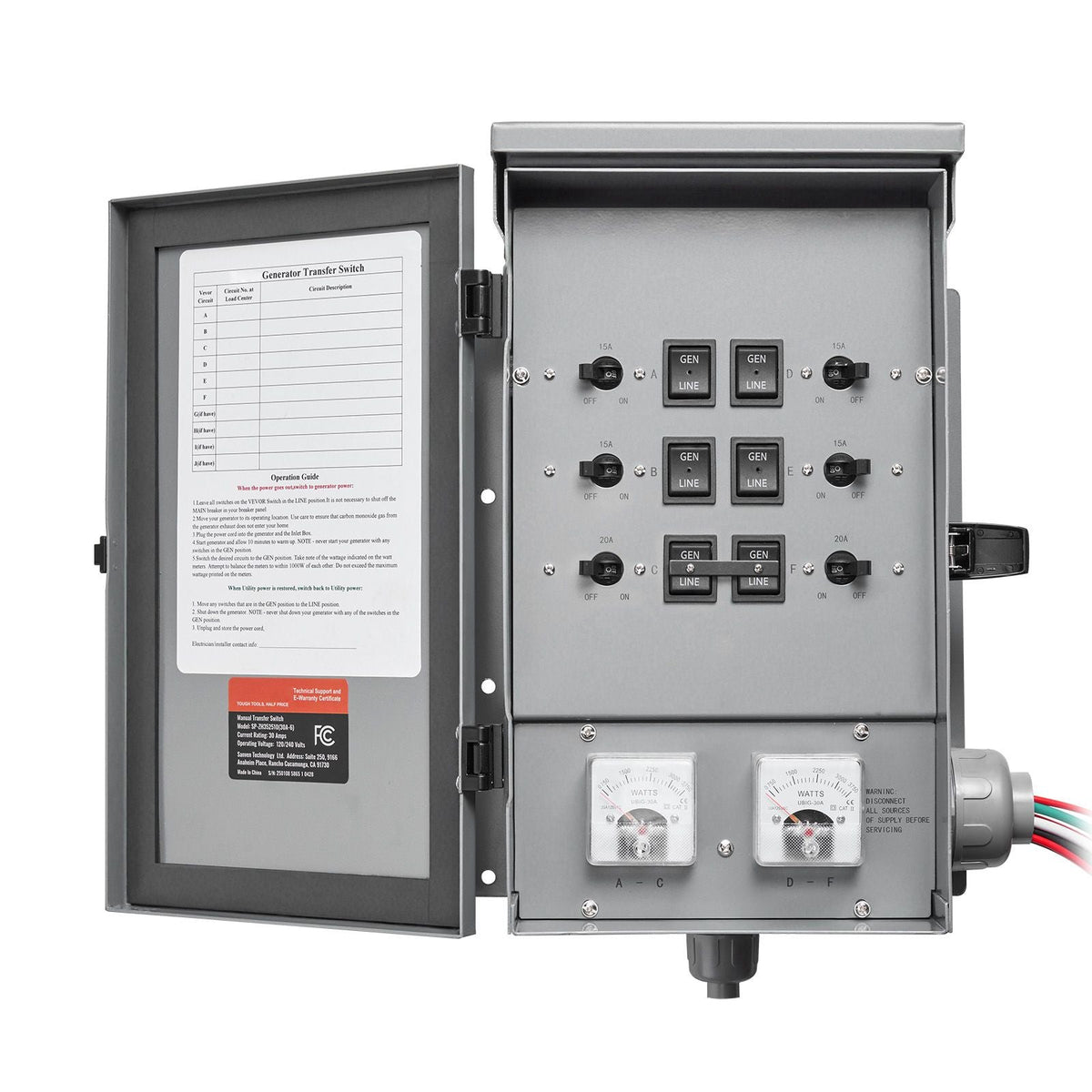 Manual Transfer Switch, 30-Amp 6-Circuit, Prewired Generator Transfer Switch Kit with NEMA L14-30P Power Inlet Box, Double-Throw Switch, NEMA 3R, Mechanical Watt Meter, for 7500W Generators