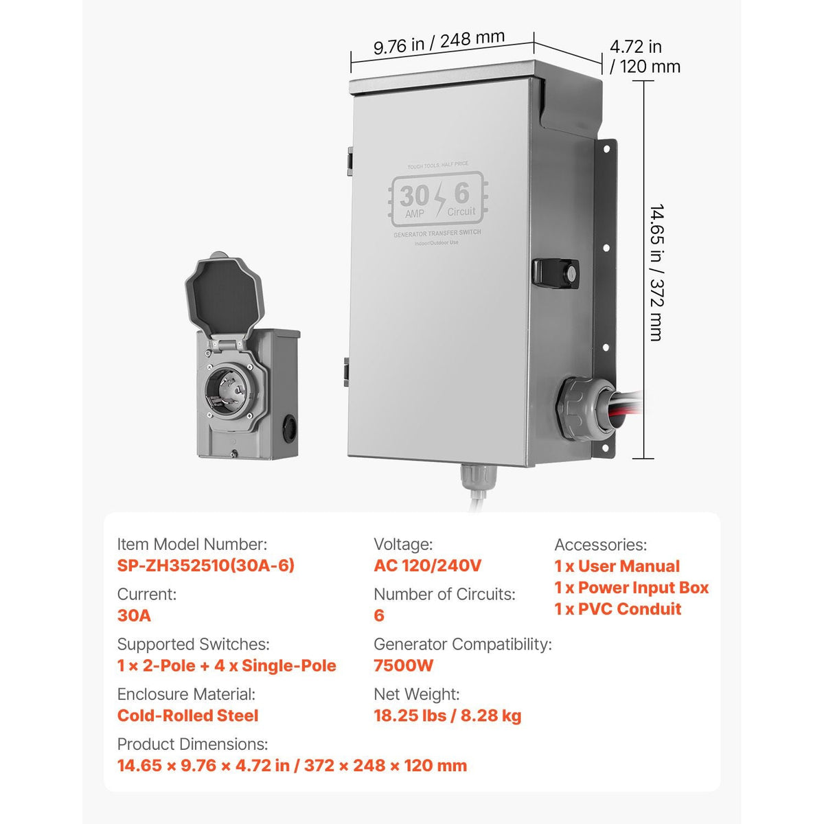 Manual Transfer Switch, 30-Amp 6-Circuit, Prewired Generator Transfer Switch Kit with NEMA L14-30P Power Inlet Box, Double-Throw Switch, NEMA 3R, Mechanical Watt Meter, for 7500W Generators