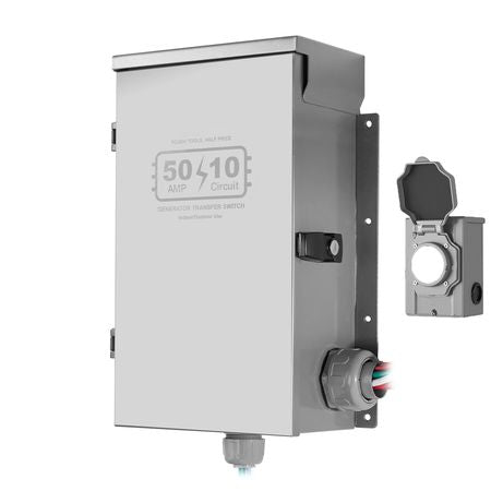 Manual Transfer Switch, 50-Amp 10-Circuit, Prewired Generator Transfer Switch Kit with CS6375 Plug Power Inlet Box, Double-Throw Switch, NEMA 3R, Mechanical Watt Meter, for 12500W Generators