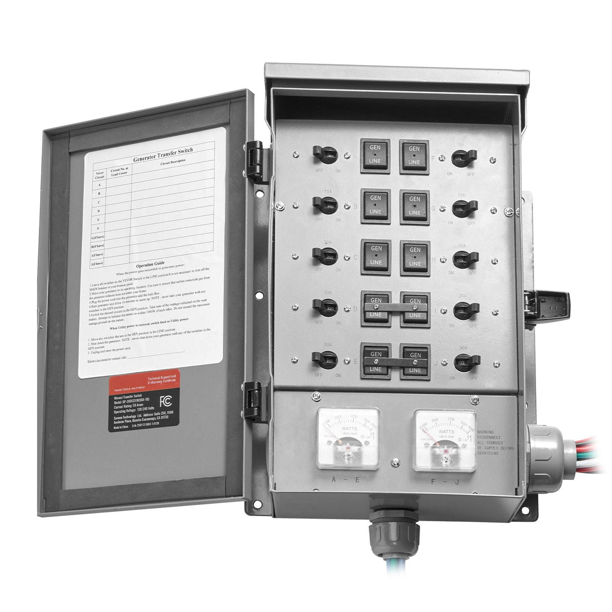 Manual Transfer Switch, 50-Amp 10-Circuit, Prewired Generator Transfer Switch Kit with CS6375 Plug Power Inlet Box, Double-Throw Switch, NEMA 3R, Mechanical Watt Meter, for 12500W Generators