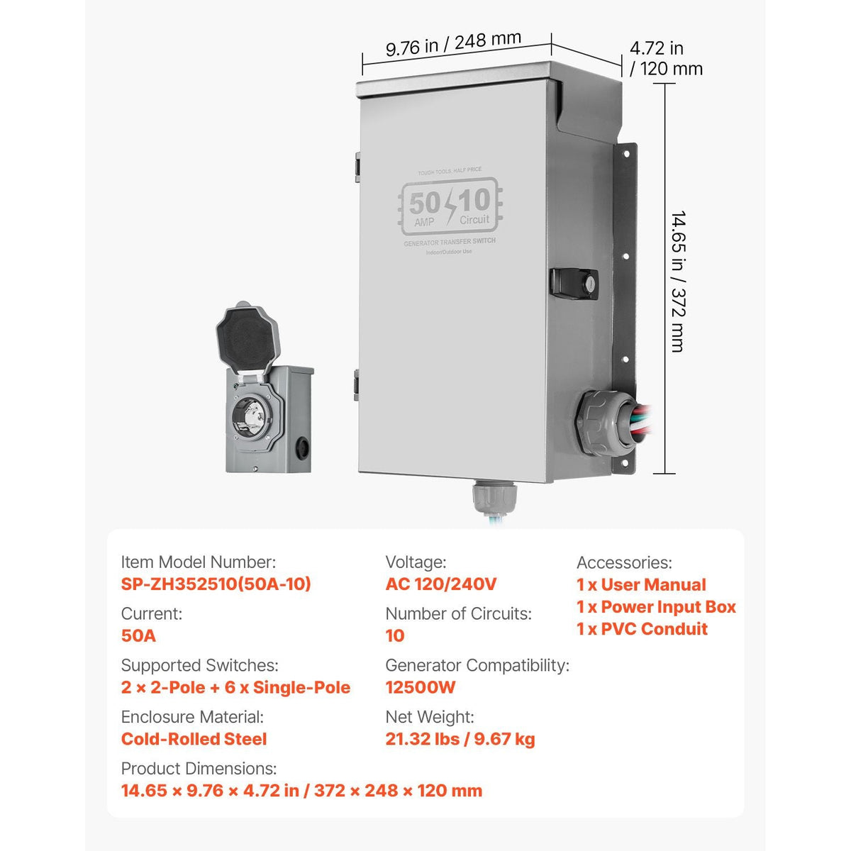 Manual Transfer Switch, 50-Amp 10-Circuit, Prewired Generator Transfer Switch Kit with CS6375 Plug Power Inlet Box, Double-Throw Switch, NEMA 3R, Mechanical Watt Meter, for 12500W Generators