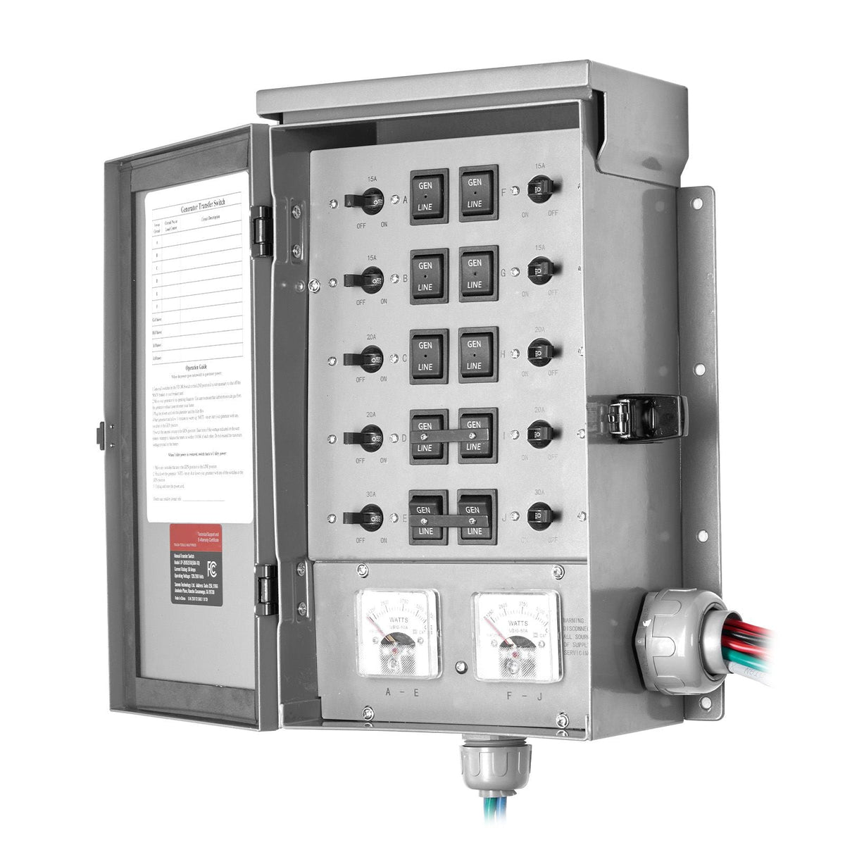 Manual Transfer Switch, 50-Amp 10-Circuit, Prewired Generator Transfer Switch Kit with CS6375 Plug Power Inlet Box, Double-Throw Switch, NEMA 3R, Mechanical Watt Meter, for 12500W Generators