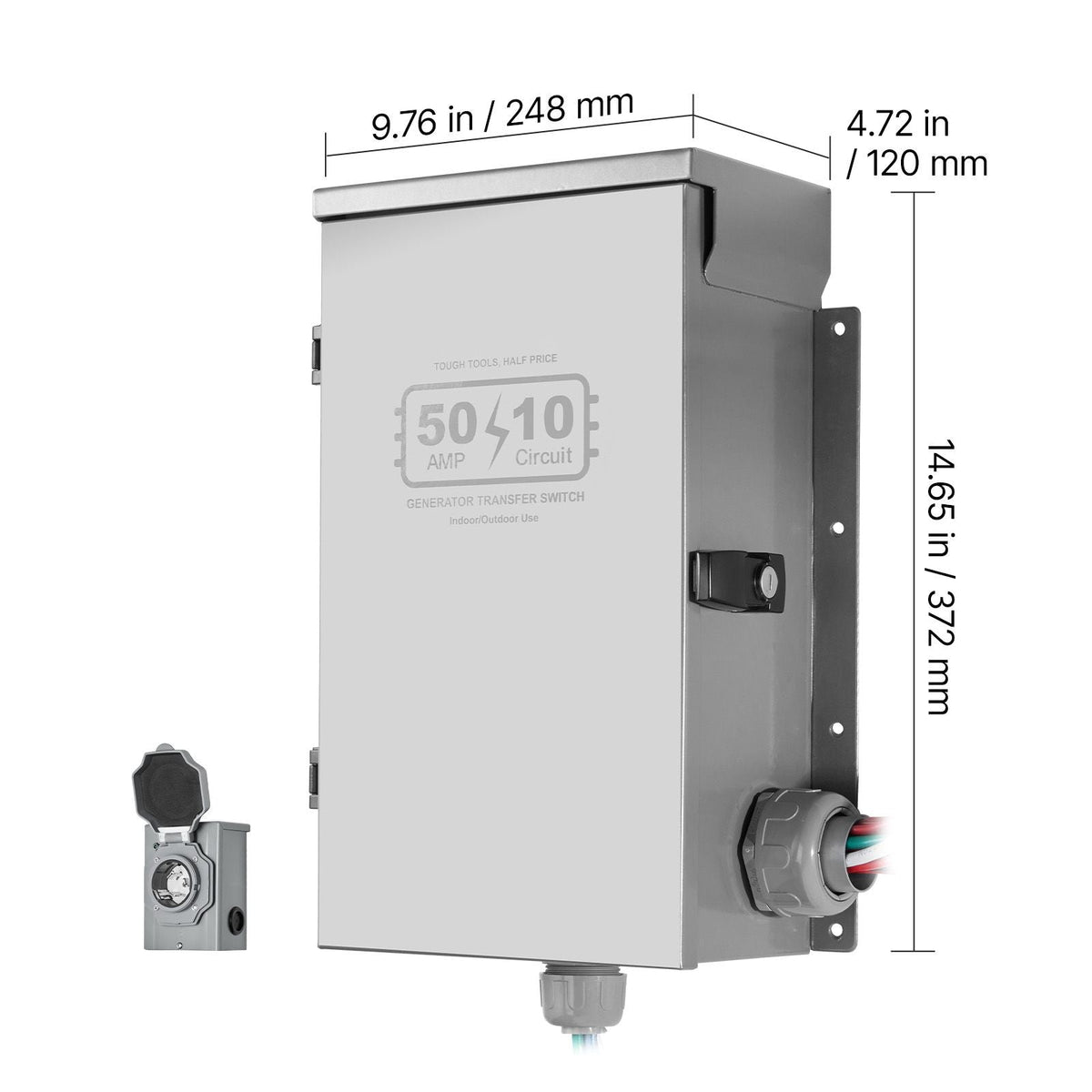 Manual Transfer Switch, 50-Amp 10-Circuit, Prewired Generator Transfer Switch Kit with CS6375 Plug Power Inlet Box, Double-Throw Switch, NEMA 3R, Mechanical Watt Meter, for 12500W Generators