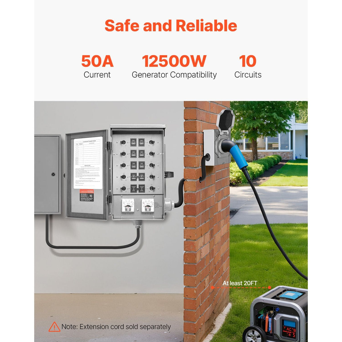 Manual Transfer Switch, 50-Amp 10-Circuit, Prewired Generator Transfer Switch Kit with CS6375 Plug Power Inlet Box, Double-Throw Switch, NEMA 3R, Mechanical Watt Meter, for 12500W Generators