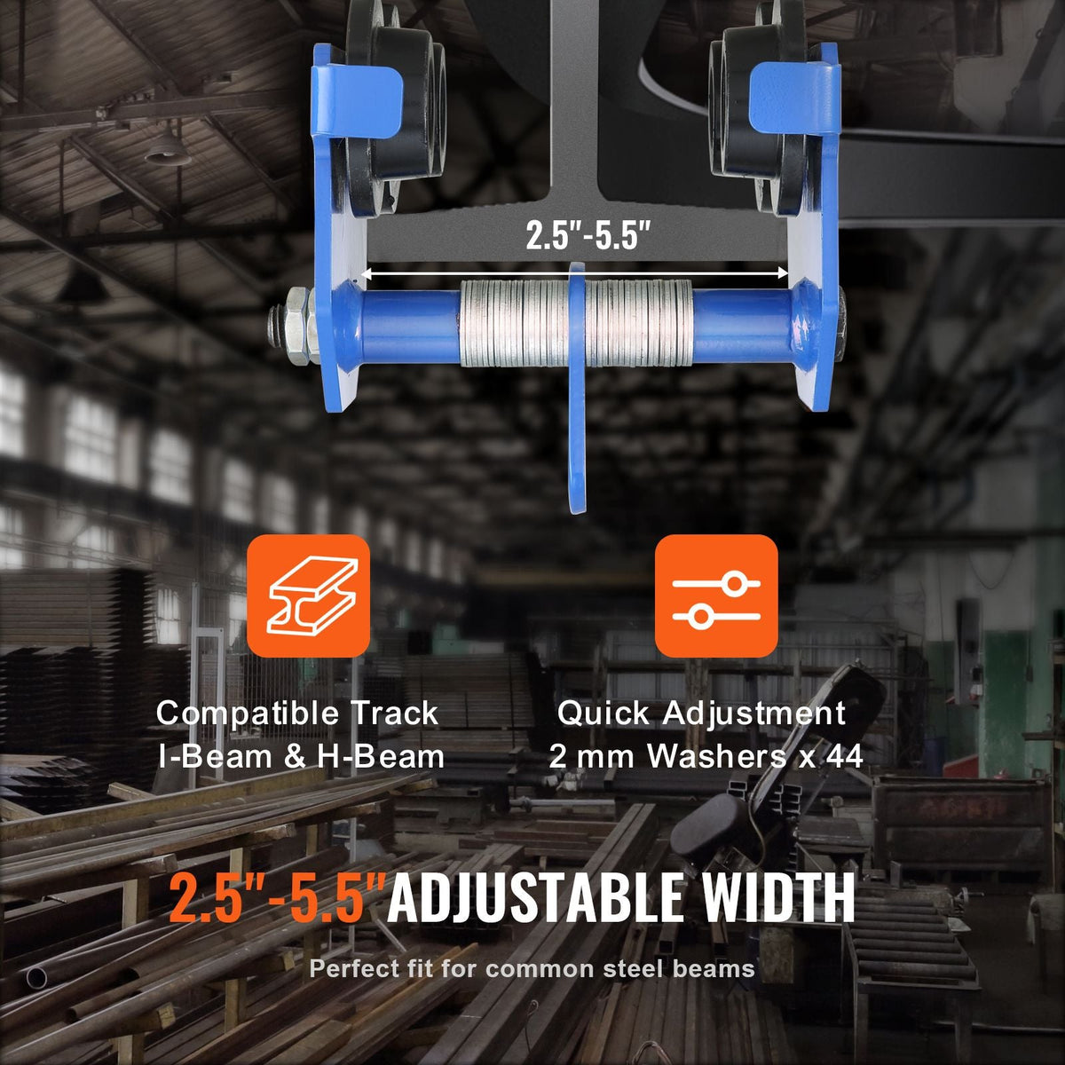 Manual Trolley, 1100 lbs/0.5 Ton Load Capacity Push Beam Trolley with Dual Wheels, Adjustable for I-Beam Flange Width 2.5" to 5.5", Heavy Duty Alloy Steel Garage Hoist for Straight Curved I Beam