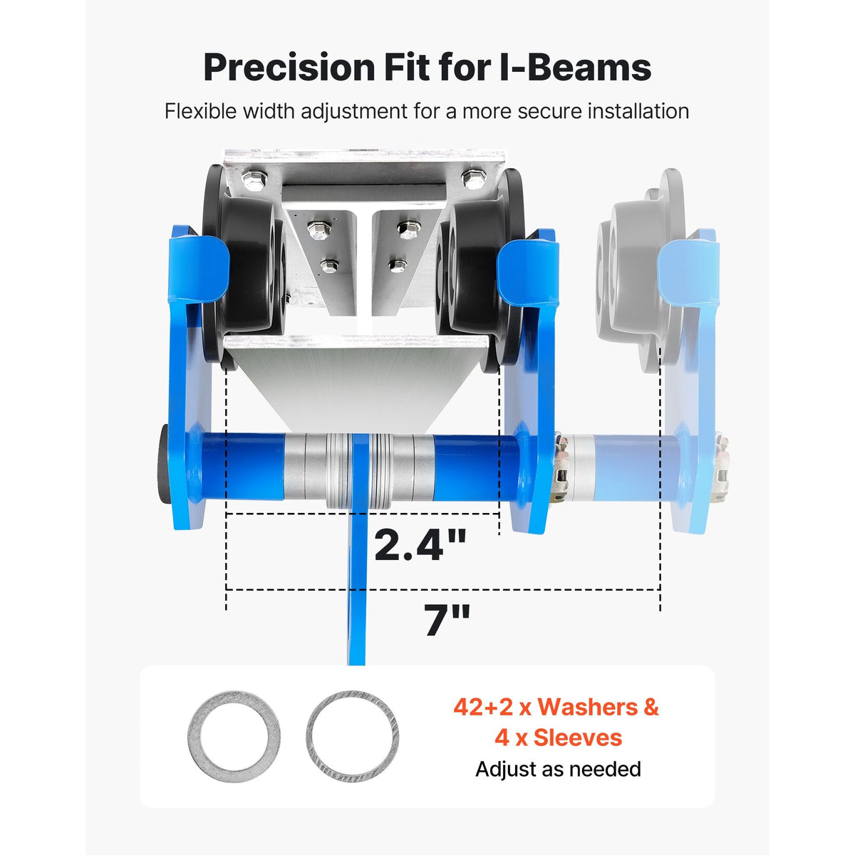 Manual Trolley, 2200 lbs/1 Ton Load Capacity, Push Beam Trolley with Dual Wheels, Adjustable for I-Beam Flange Width 2.4" to 7", Heavy Duty Carbon Steel Garage Hoist for Straight & Curved I Beam
