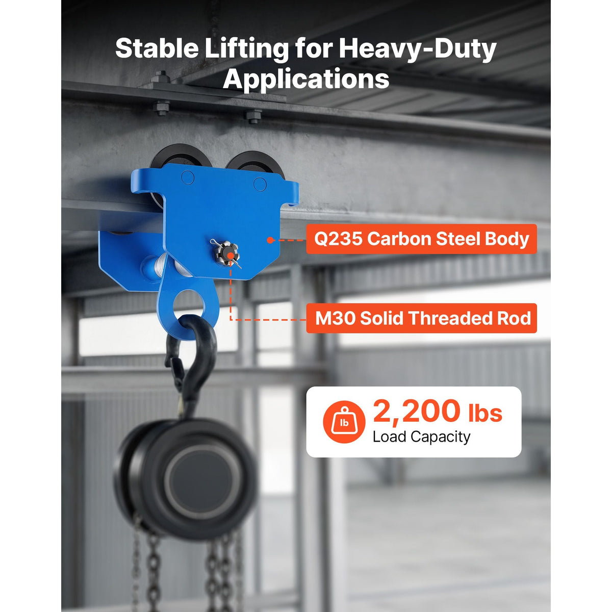 Manual Trolley, 2200 lbs/1 Ton Load Capacity, Push Beam Trolley with Dual Wheels, Adjustable for I-Beam Flange Width 2.4" to 7", Heavy Duty Carbon Steel Garage Hoist for Straight & Curved I Beam