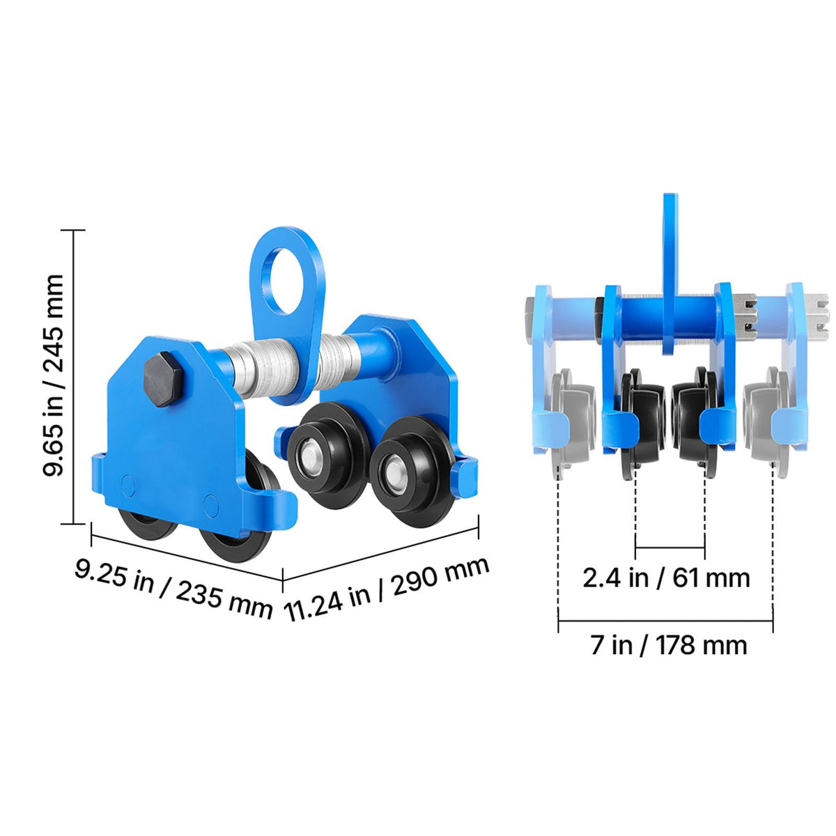 Manual Trolley, 4400 lbs/2 Ton Load Capacity, Push Beam Trolley with Dual Wheels, Adjustable for I-Beam Flange Width 2.4" to 7", Heavy Duty Carbon Steel Garage Hoist for Straight & Curved I Beam