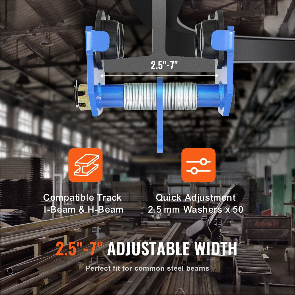 Manual Trolley, 4400 lbs/2 Ton Load Capacity, Push Beam Trolley with Dual Wheels, Adjustable for I-Beam Flange Width 2.5" to 7", Heavy Duty Alloy Steel Garage Hoist for Straight Curved I Beam