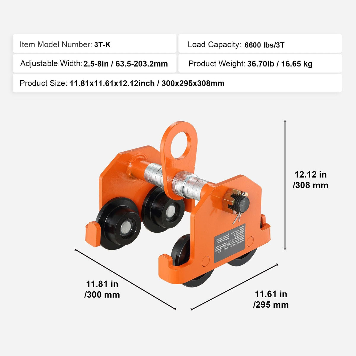 Manual Trolley, 6600 lbs/3 Ton Load Capacity, Push Beam Trolley with Dual Wheels, Adjustable for I-Beam Flange Width 2.5" to 8", Heavy Duty Alloy Steel Garage Hoist for Straight Curved I Beam