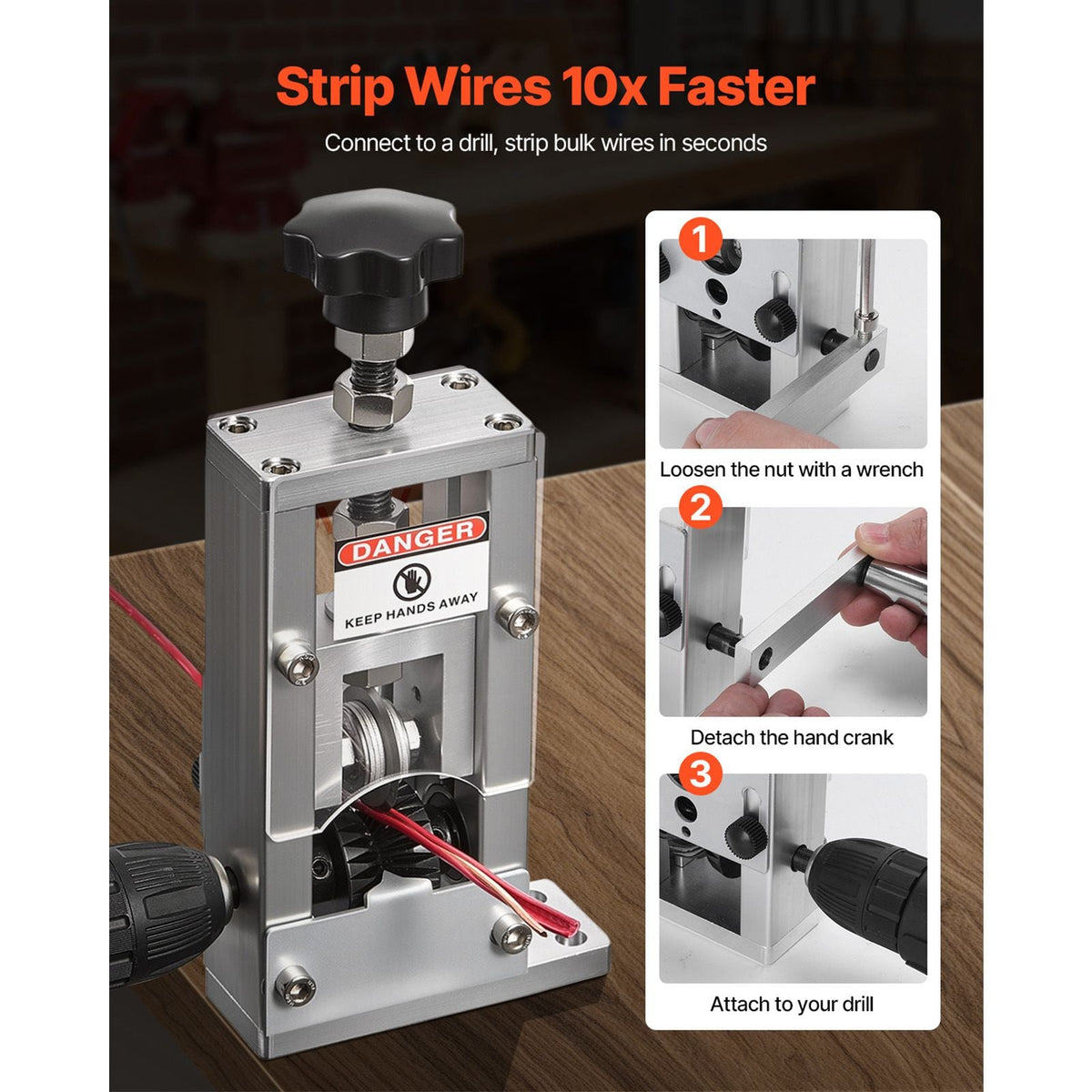 Manual Wire Stripping Machine, 0.06-1 in, Copper Stripper with Hand Crank or Drill Powered, 64Mn Quenched Blades, 45# Steel Rollers, Aluminum Alloy Frame Wire Peeler, for Scrap Copper Recycling