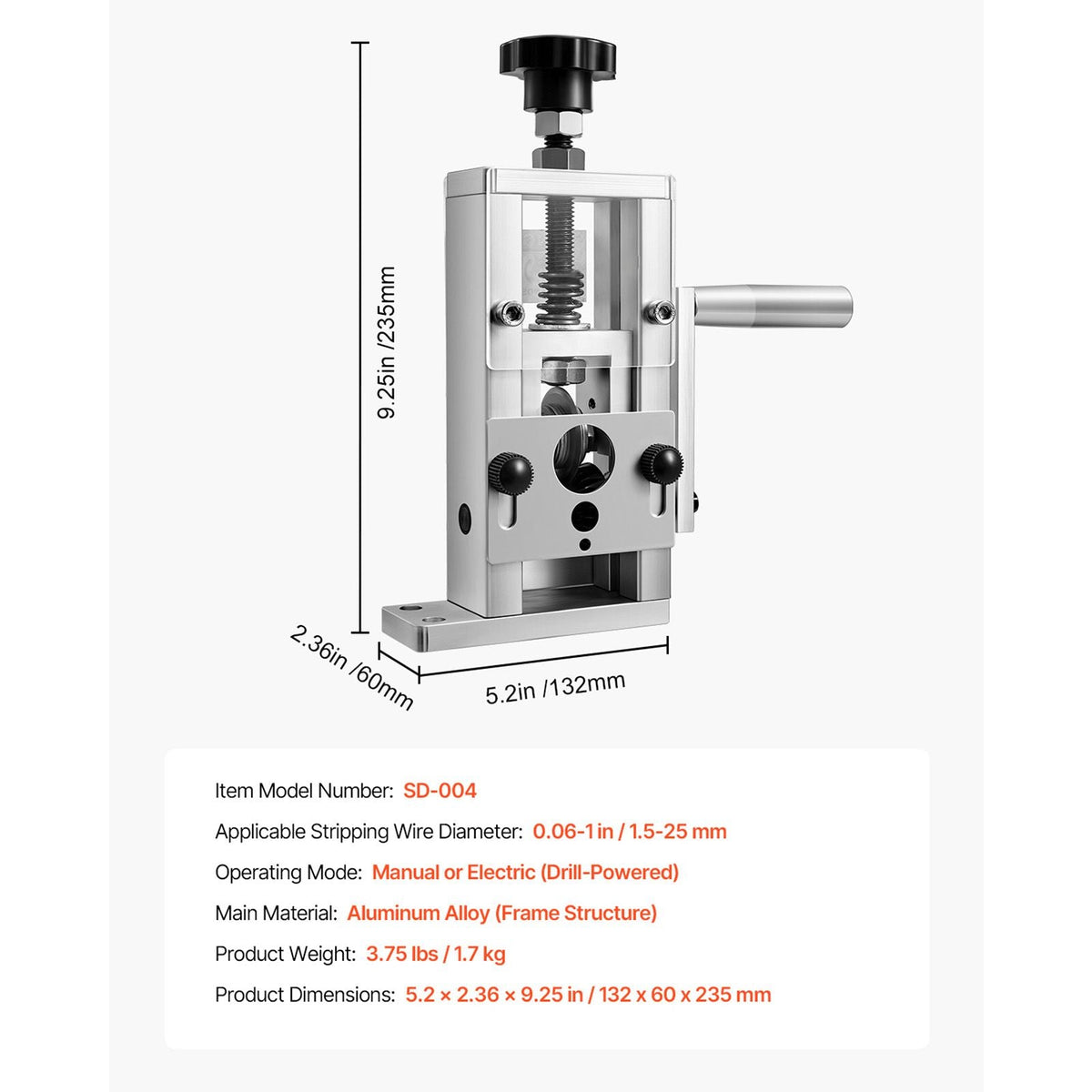 Manual Wire Stripping Machine, 0.06-1 in, Copper Stripper with Hand Crank or Drill Powered, 64Mn Quenched Blades, 45# Steel Rollers, Aluminum Alloy Frame Wire Peeler, for Scrap Copper Recycling