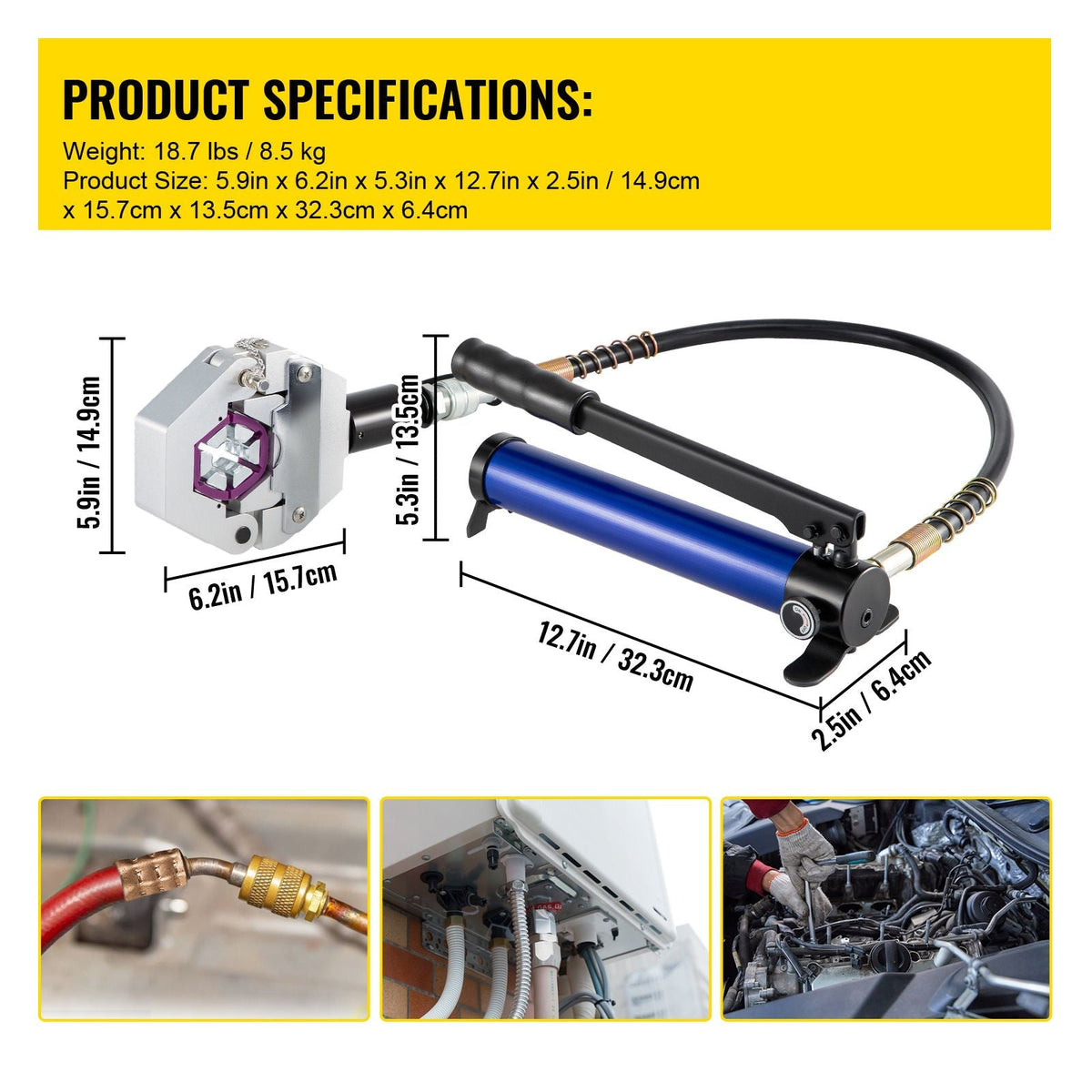 Manually Operated AC Hose Crimper FS-7842B Separable Hydraulic Hose Crimper Kit Manual Piston Valve For Aluminum Pump Air Conditioning Repair with 7 Dies Whole Set Handheld AC Hose