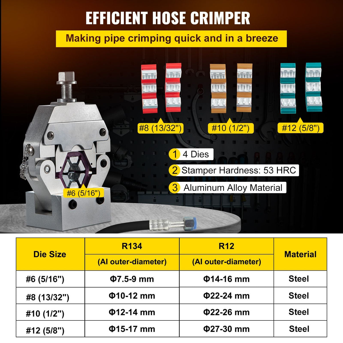 Manually Operated AC Hose Crimper Hydra-Krimp 71550 Manual AC Hose Crimper Kit Air Conditioning Repair Handheld AC Hose Crimping Tool with 4 Dies