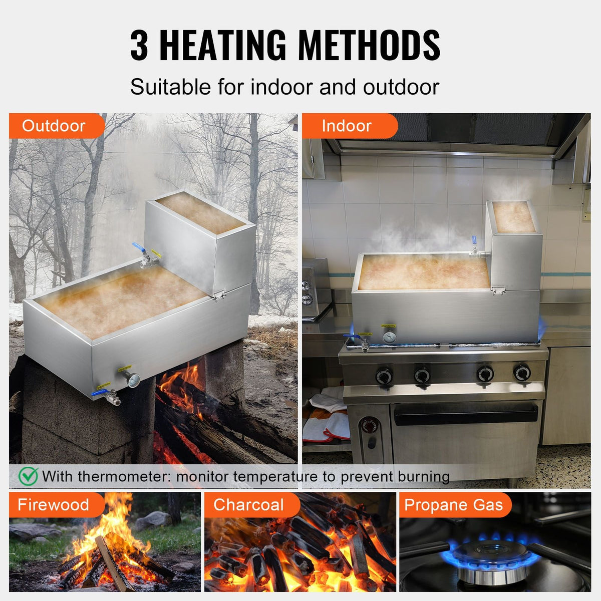 Maple Syrup Evaporator Pan, 19.6 Gallon, 285 Cups of 8.8oz Maple Syrup, Flat Evaporator Pan with Thermometer, 2 Valves and 3 Heating Methods, 304 Stainless Steel Maple Syrup Pan for Home
