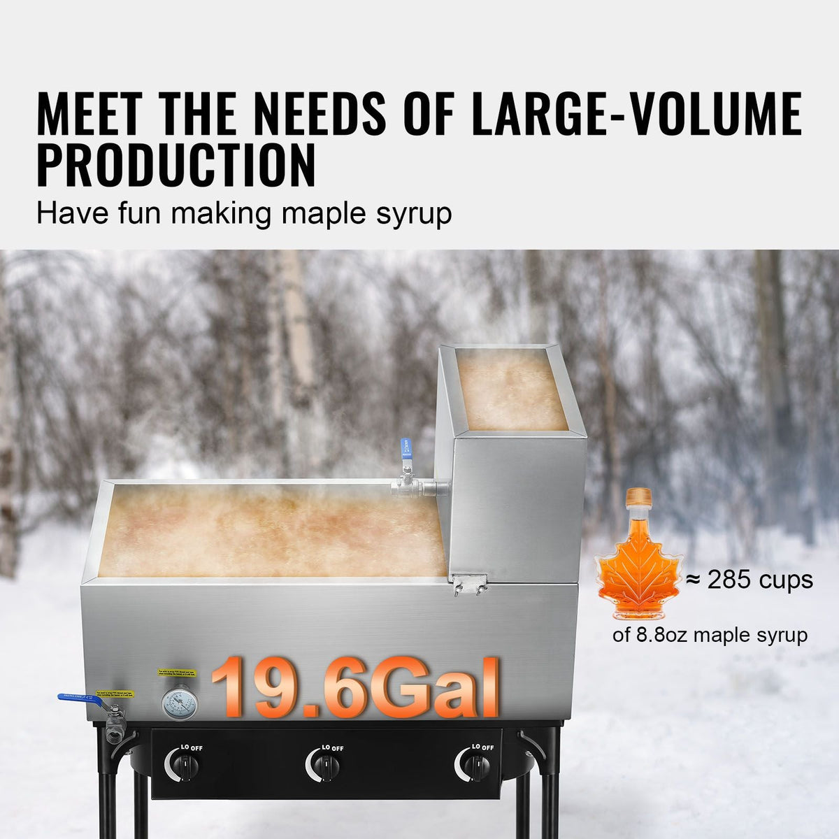 Maple Syrup Evaporator Pan, 19.6 Gallon, 285 Cups of 8.8oz Maple Syrup, Flat Evaporator Pan with Thermometer, 2 Valves and 3 Heating Methods, 304 Stainless Steel Maple Syrup Pan for Home