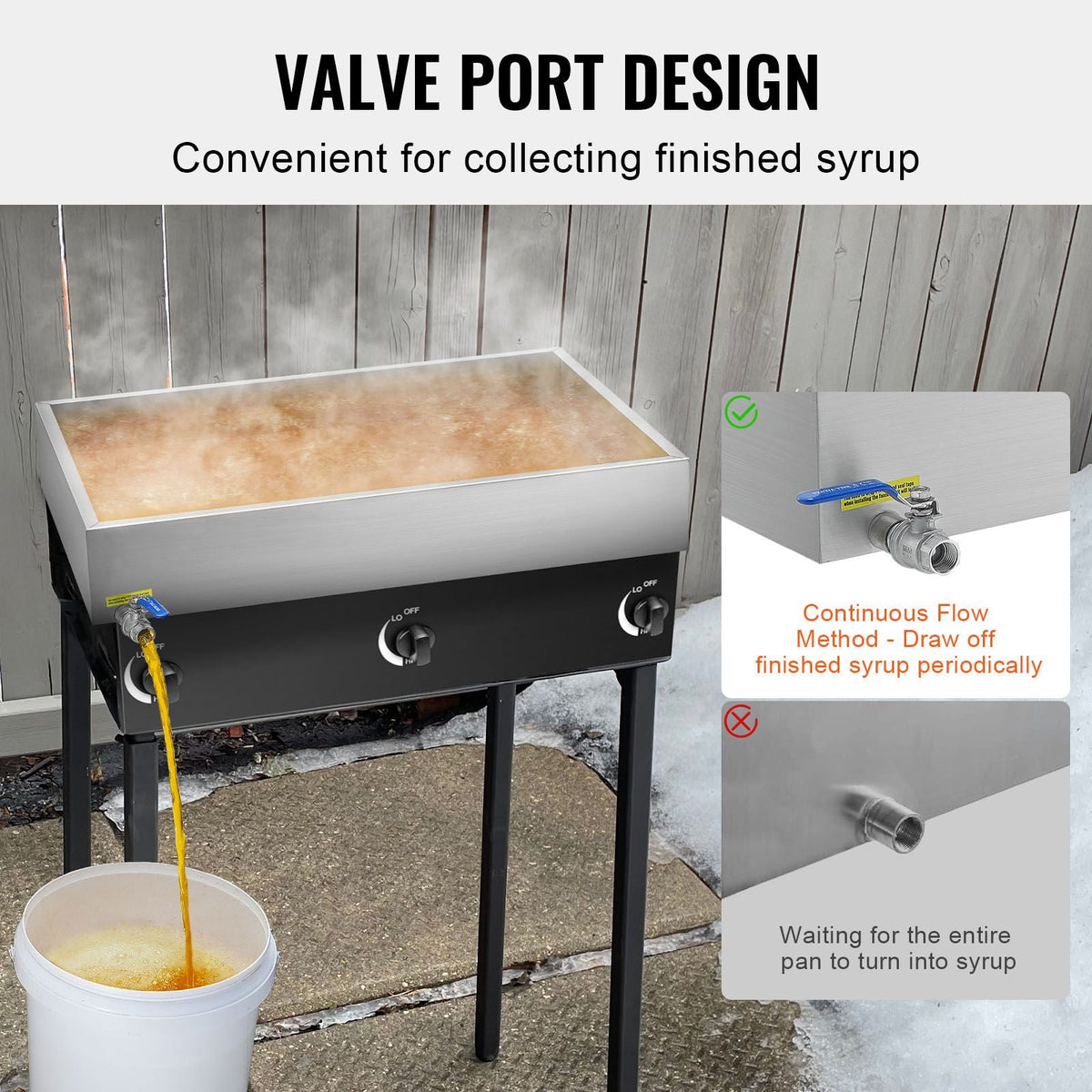 Maple Syrup Evaporator Pan, 22.4 Gallon, 325 Cups of 8.8oz Maple Syrup, Flat Evaporator Pan with 1 Valve and 3 Heating Methods, 304 Stainless Steel Maple Syrup Pan for Home, Outdoor