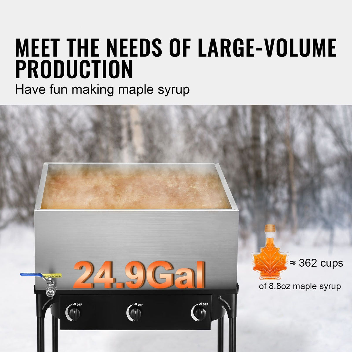 Maple Syrup Evaporator Pan, 24.9 Gallon, 362 Cups of 8.8oz Maple Syrup, Flat Evaporator Pan with 1 Valve and 3 Heating Methods, 304 Stainless Steel Maple Syrup Pan for Home, Outdoor