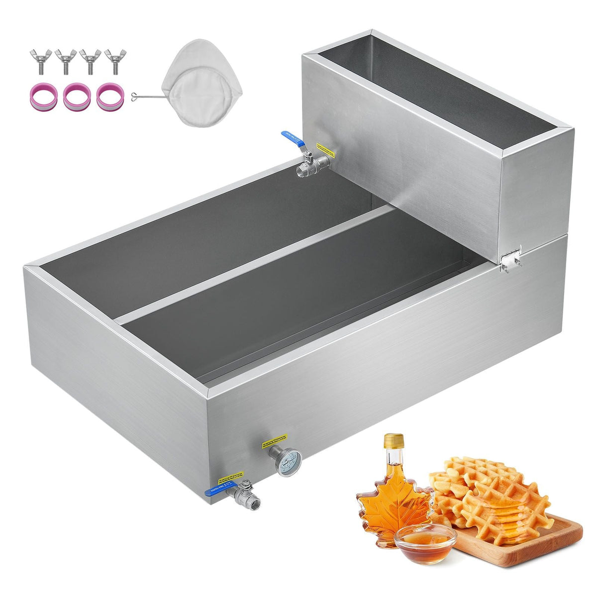 Maple Syrup Evaporator Pan, 35 Gallon, 509 Cups of 8.8oz Maple Syrup, Flat Evaporator Pan with Thermometer, 2 Valves and 3 Heating Methods, 304 Stainless Steel Maple Syrup Pan for Home, Outdoor