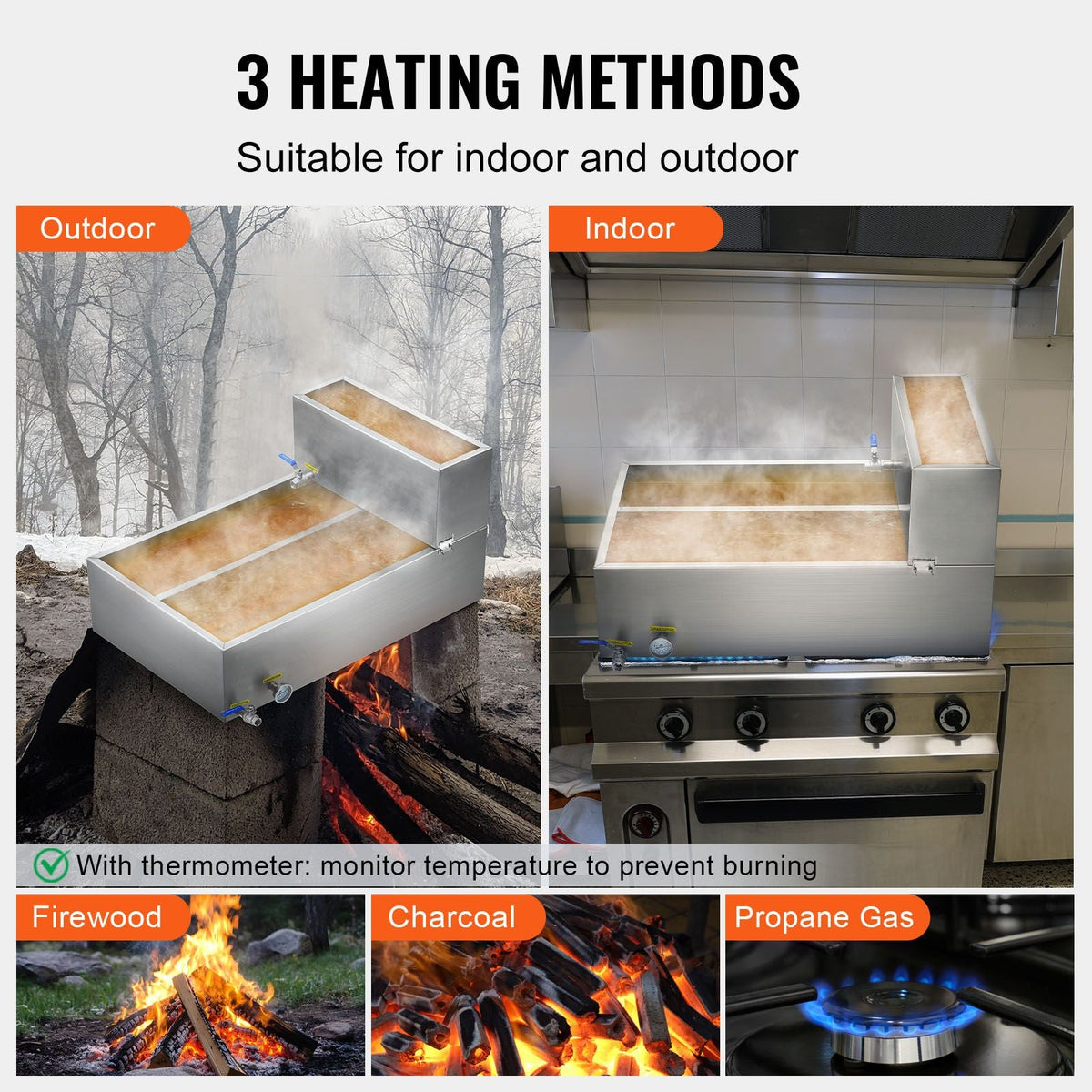 Maple Syrup Evaporator Pan, 35 Gallon, 509 Cups of 8.8oz Maple Syrup, Flat Evaporator Pan with Thermometer, 2 Valves and 3 Heating Methods, 304 Stainless Steel Maple Syrup Pan for Home, Outdoor