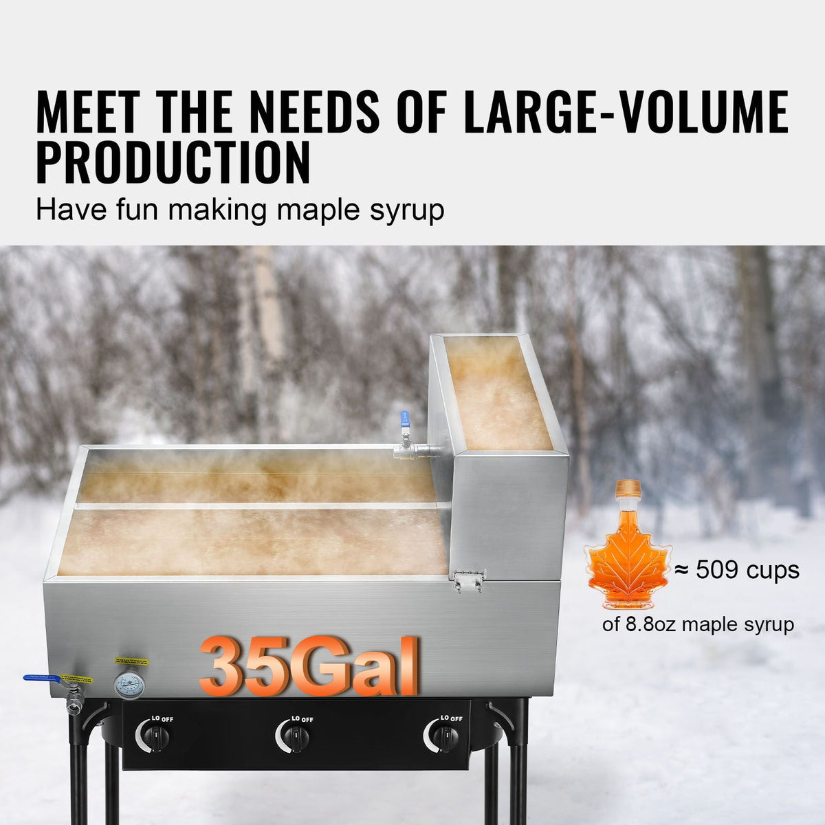 Maple Syrup Evaporator Pan, 35 Gallon, 509 Cups of 8.8oz Maple Syrup, Flat Evaporator Pan with Thermometer, 2 Valves and 3 Heating Methods, 304 Stainless Steel Maple Syrup Pan for Home, Outdoor