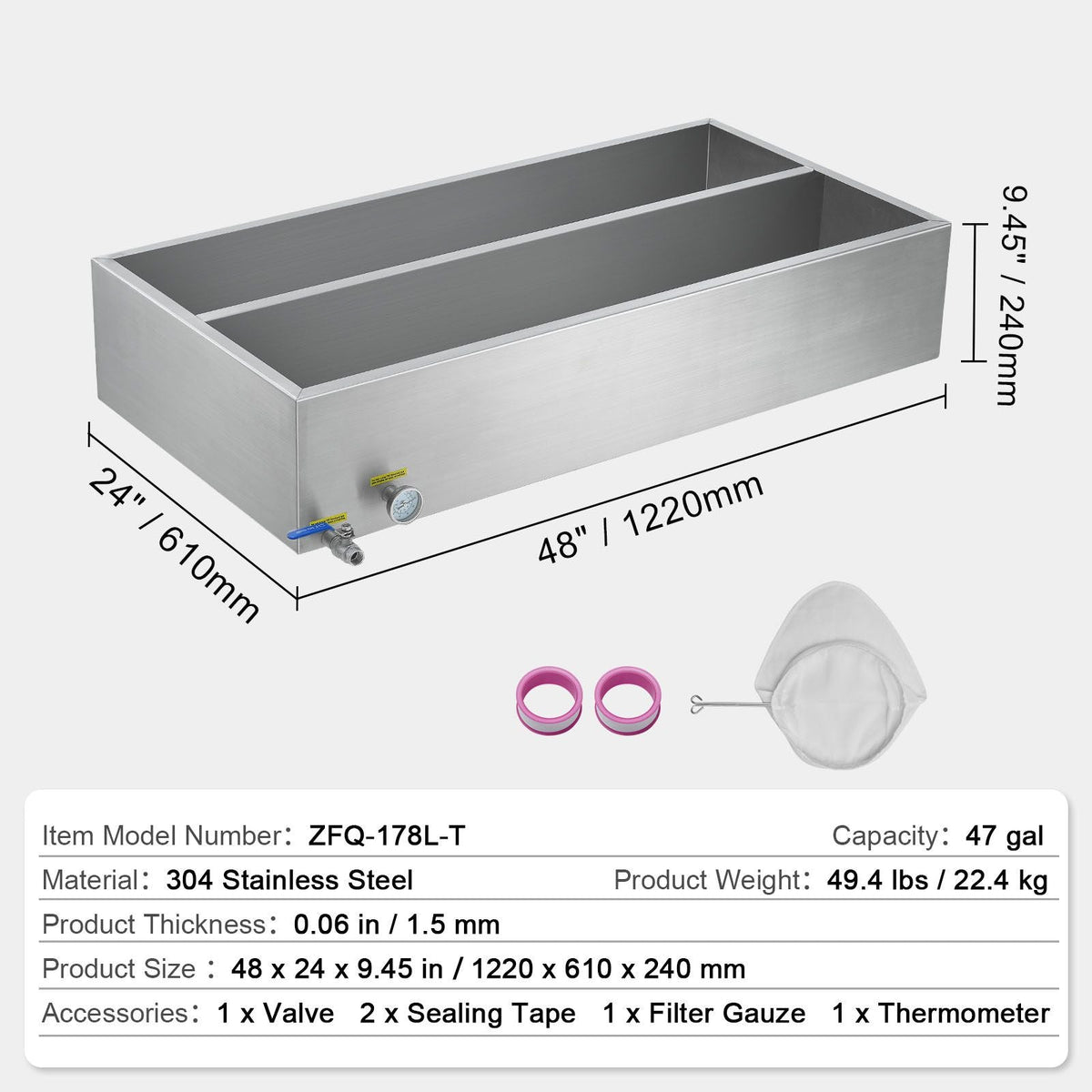 Maple Syrup Evaporator Pan, 47 Gallon, 683 Cups of 8.8oz Maple Syrup, Flat Evaporator Pan with Thermometer, 1 Valve and 3 Heating Methods, 304 Stainless Steel Maple Syrup Pan for Home, Outdoor