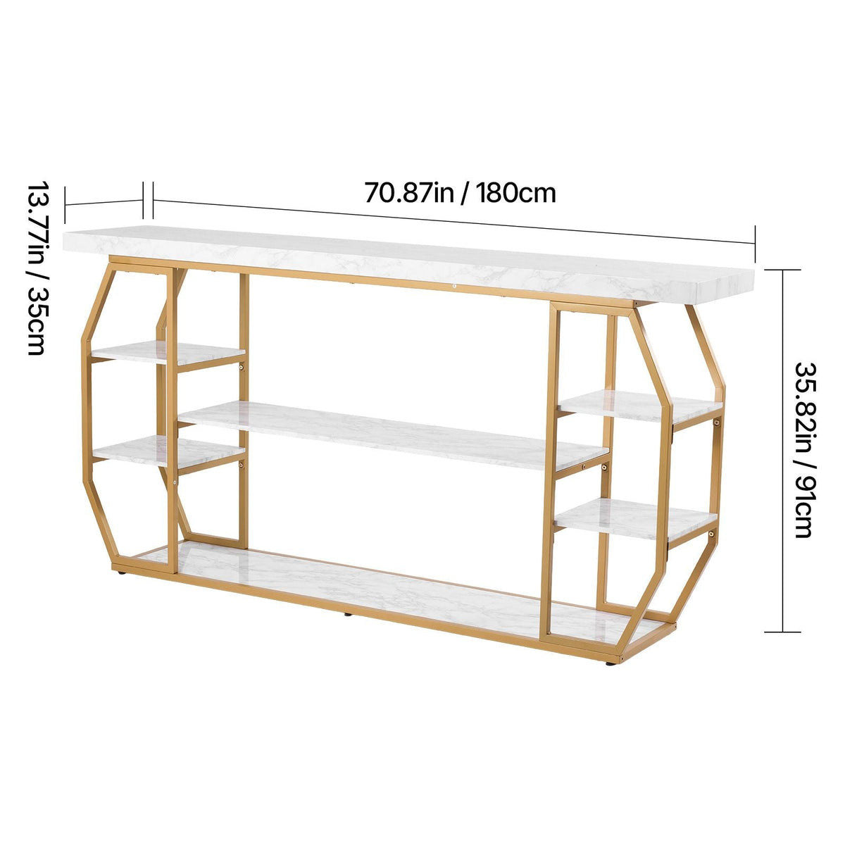 Marble Console Table, 3 Tiers Modern Console Table for Open Storage, Golden Geometric Table with Iron Tubes, Anti-Tip Device and Triangular Support for Living Room, Hallway, Entryway, Foyer