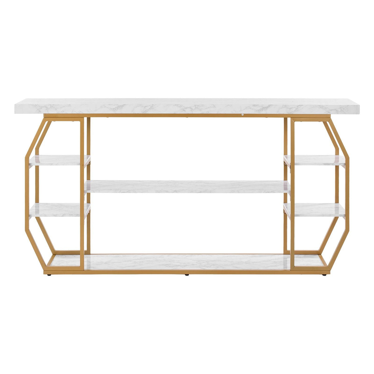 Marble Console Table, 3 Tiers Modern Console Table for Open Storage, Golden Geometric Table with Iron Tubes, Anti-Tip Device and Triangular Support for Living Room, Hallway, Entryway, Foyer