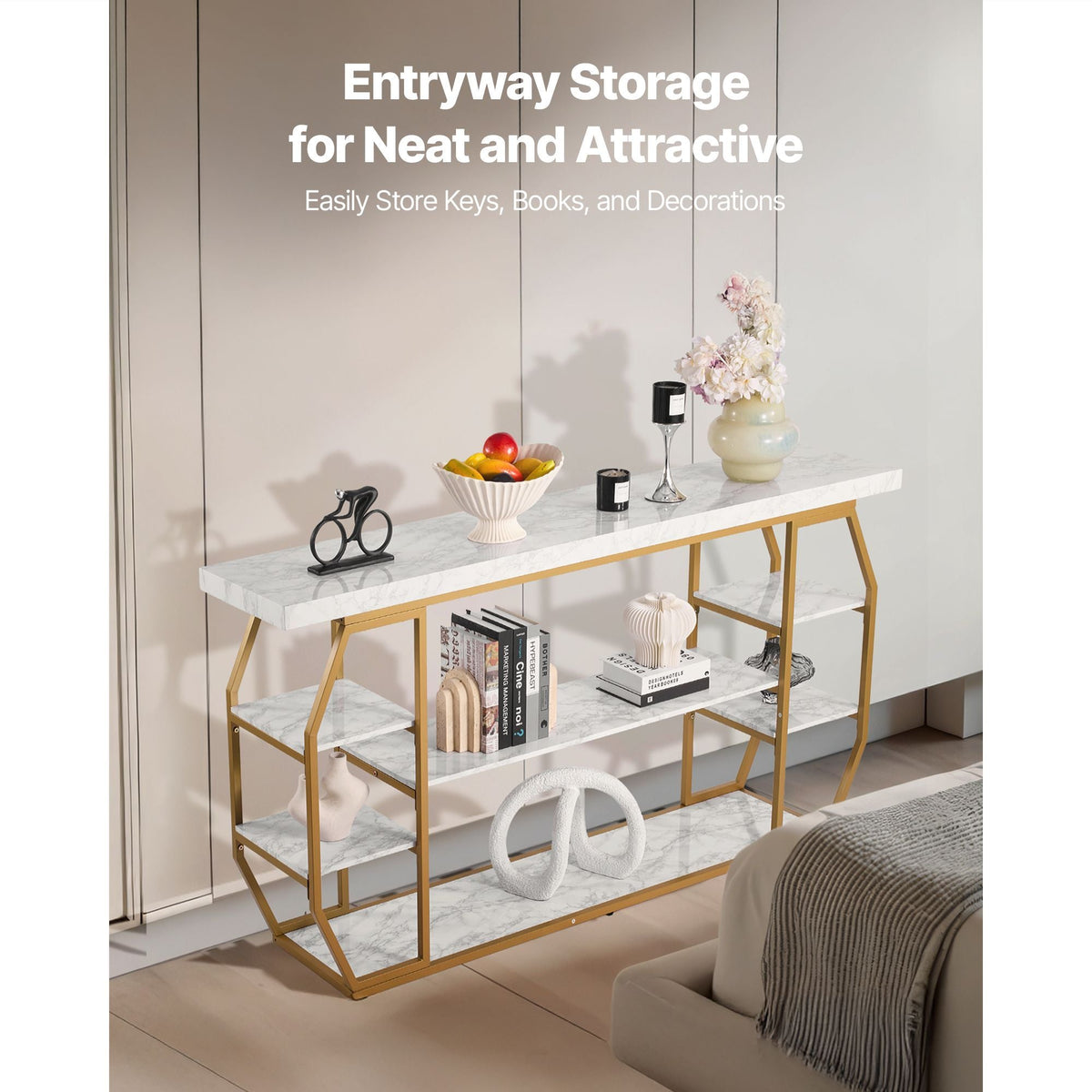 Marble Console Table, 3 Tiers Modern Console Table for Open Storage, Golden Geometric Table with Iron Tubes, Anti-Tip Device and Triangular Support for Living Room, Hallway, Entryway, Foyer