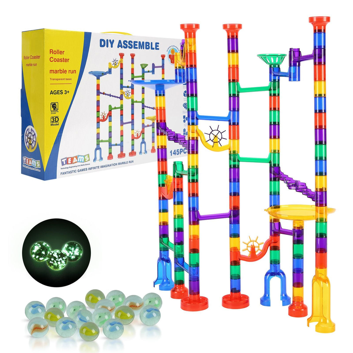 Marble Run Set, 145 Piece Marble Maze Building Block Brain Game, with 5 Glow in the Dark Marbles + 40 Glass Marbles, Educational Learning Race Track STEM Toys, for Kids, Boys, Girls Ages 3 +