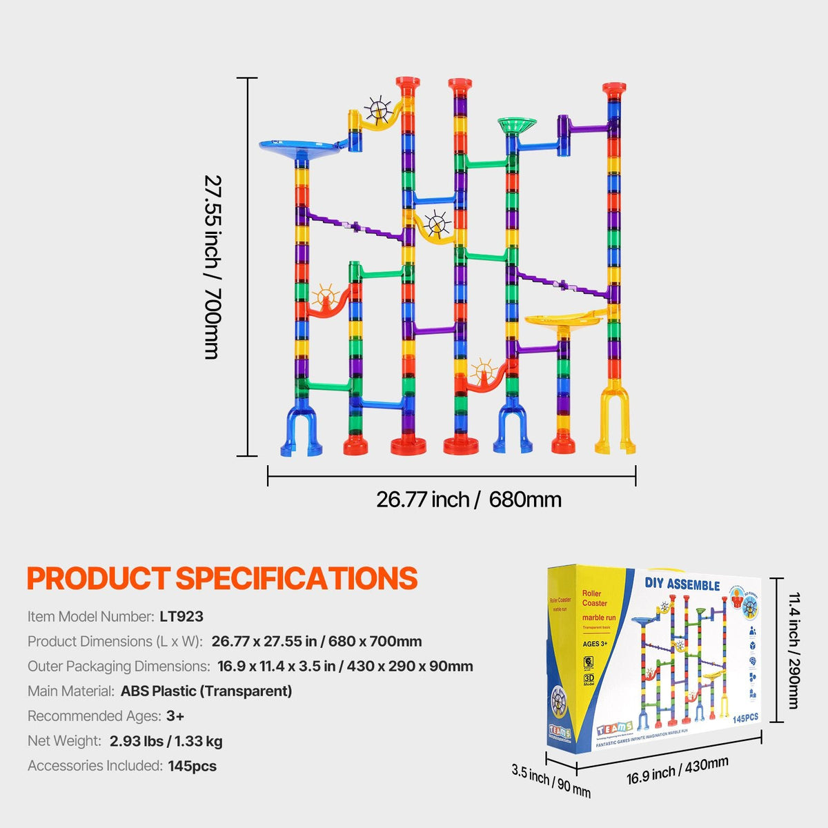 Marble Run Set, 145 Piece Marble Maze Building Block Brain Game, with 5 Glow in the Dark Marbles + 40 Glass Marbles, Educational Learning Race Track STEM Toys, for Kids, Boys, Girls Ages 3 +