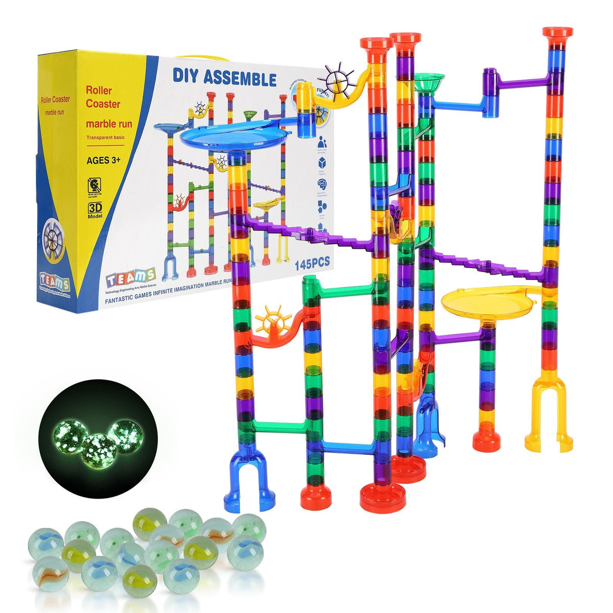Marble Run Set, 145 Piece Marble Maze Building Block Brain Game, with 5 Glow in the Dark Marbles + 40 Glass Marbles, Educational Learning Race Track STEM Toys, for Kids, Boys, Girls Ages 3 +