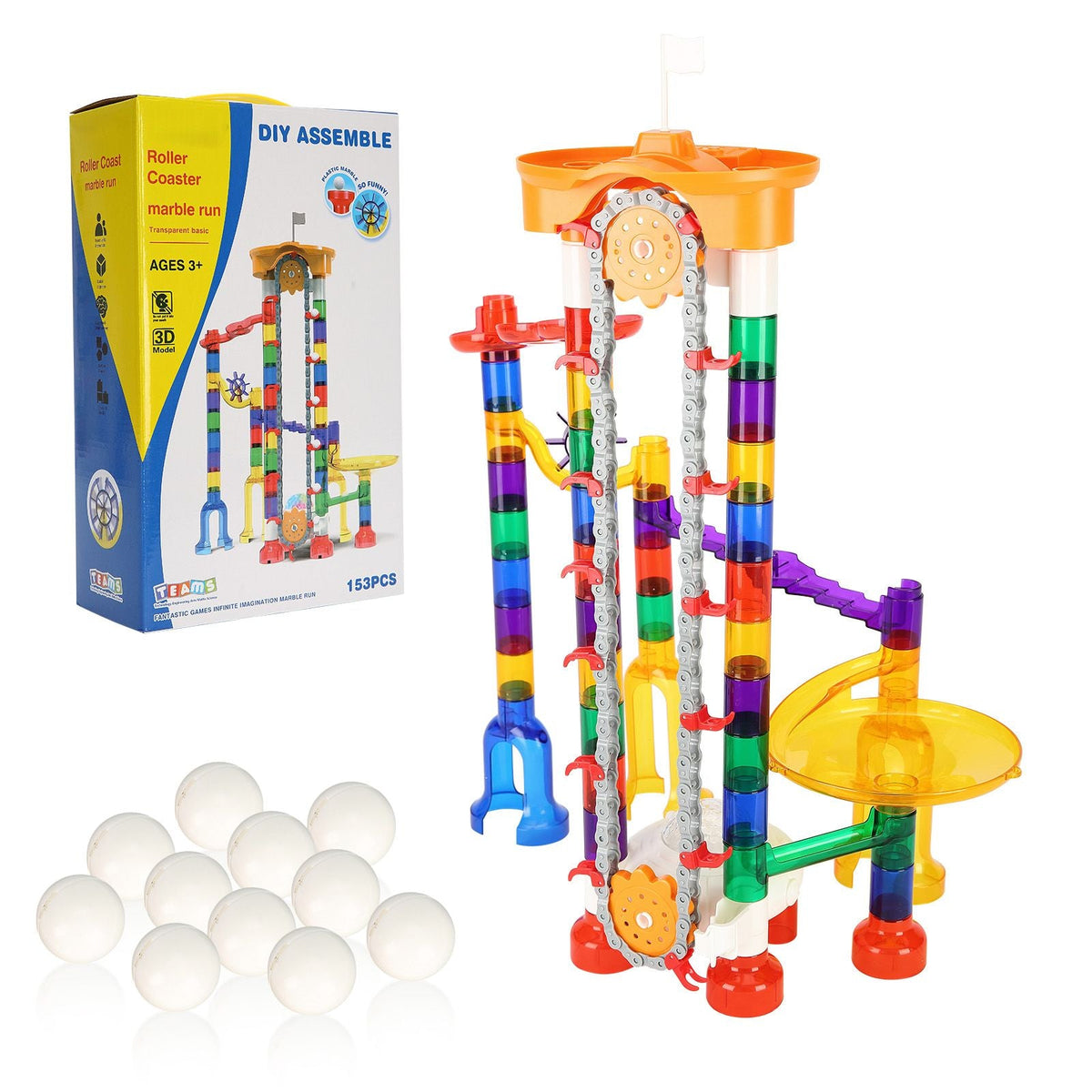 Marble Run Set, 153 PCS with Motorized Elevator, with 30 Plastic Marbles, Marble Maze Building Block Brain Game, Educational Learning Race Track STEM Toys, for Kids, Boys, Girls Ages 3 + Years