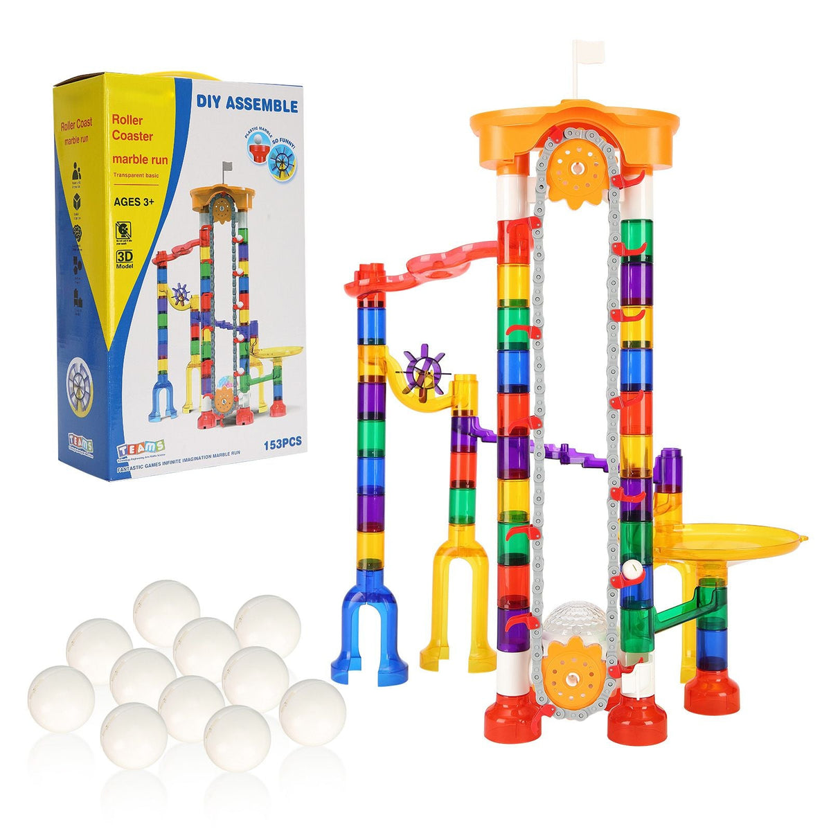 Marble Run Set, 153 PCS with Motorized Elevator, with 30 Plastic Marbles, Marble Maze Building Block Brain Game, Educational Learning Race Track STEM Toys, for Kids, Boys, Girls Ages 3 + Years