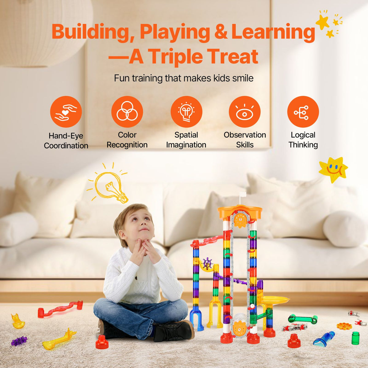 Marble Run Set, 153 PCS with Motorized Elevator, with 30 Plastic Marbles, Marble Maze Building Block Brain Game, Educational Learning Race Track STEM Toys, for Kids, Boys, Girls Ages 3 + Years