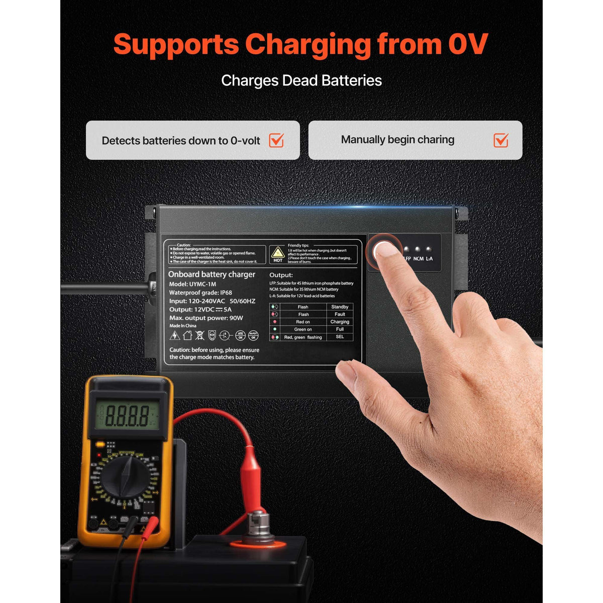 Marine Battery Charger, 1-Bank, 5A 12V Onboard Boat Charger, IP68 Waterproof Smart On-Board Battery Charger, for Lithium-Ion (LiFePO4), NCM, Lead-Acid Batteries, Large Boat, Yacht, RV, Trailer
