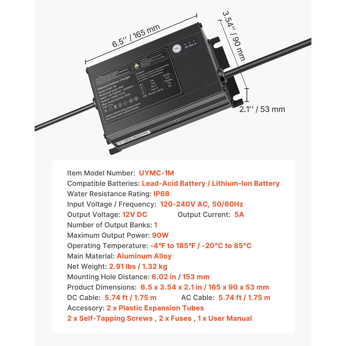 Marine Battery Charger, 1-Bank, 5A 12V Onboard Boat Charger, IP68 Waterproof Smart On-Board Battery Charger, for Lithium-Ion (LiFePO4), NCM, Lead-Acid Batteries, Large Boat, Yacht, RV, Trailer
