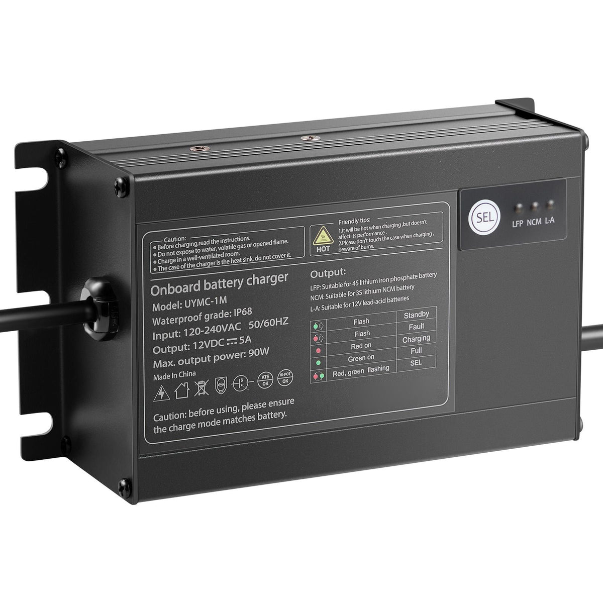 Marine Battery Charger, 1-Bank, 5A 12V Onboard Boat Charger, IP68 Waterproof Smart On-Board Battery Charger, for Lithium-Ion (LiFePO4), NCM, Lead-Acid Batteries, Large Boat, Yacht, RV, Trailer